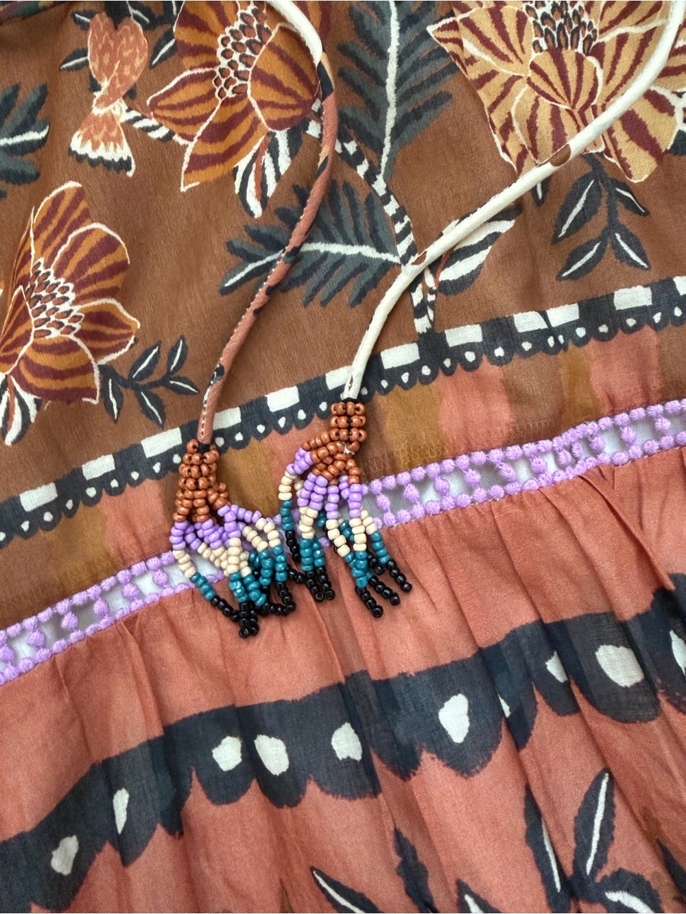 FARM Rio Cream, Rust & Purple Floral Tiered Long-Sleeve Mini Dress - Picture 3 of 4